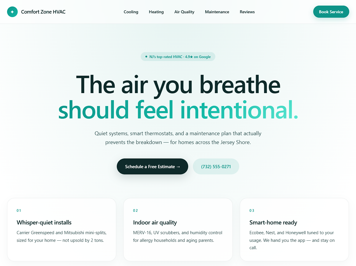 Comfort Zone HVAC, a client site built from the template: &ldquo;The air you breathe should feel intentional&rdquo; over three service cards.